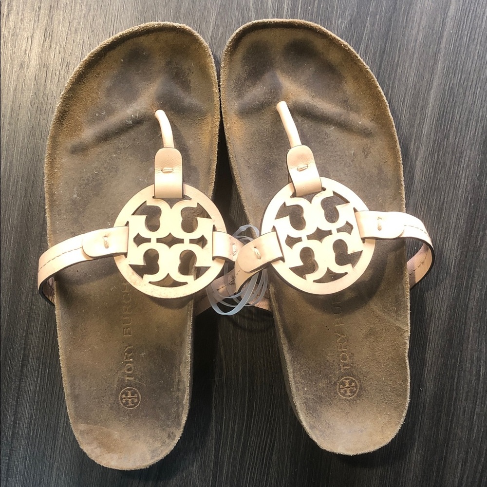 Tory Burch Tan Leather Logo Thong Sandals
